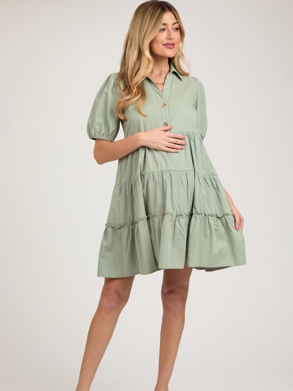 PinkBlush Elleborn Sage Green Tiered Dress Puff Sleeve Collared Button L NWT - Picture 3 of 12